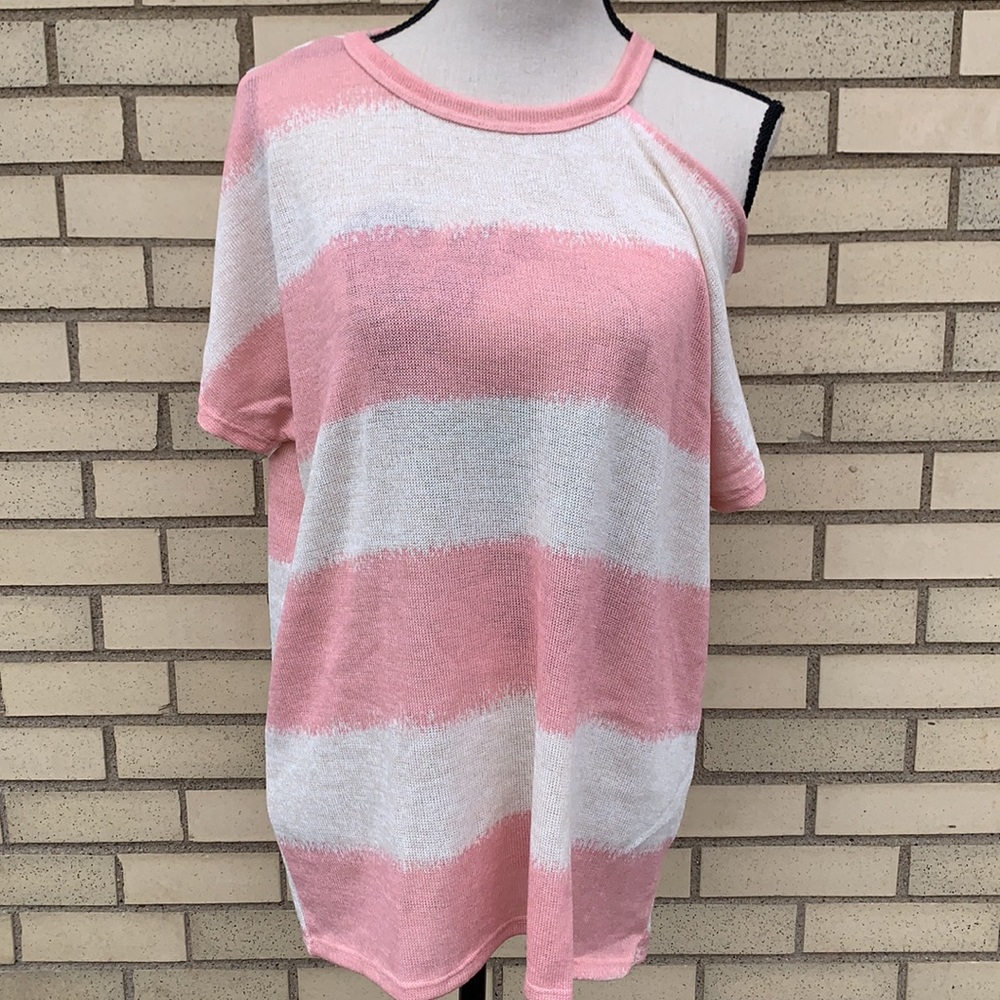 ❌DONATED❌Pink Oatmeal Striped One Side Cold Shoulder Tunic Top - Picture 4 of 11